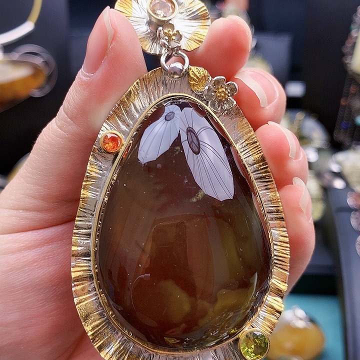 琥珀裸石银S925镶嵌坠