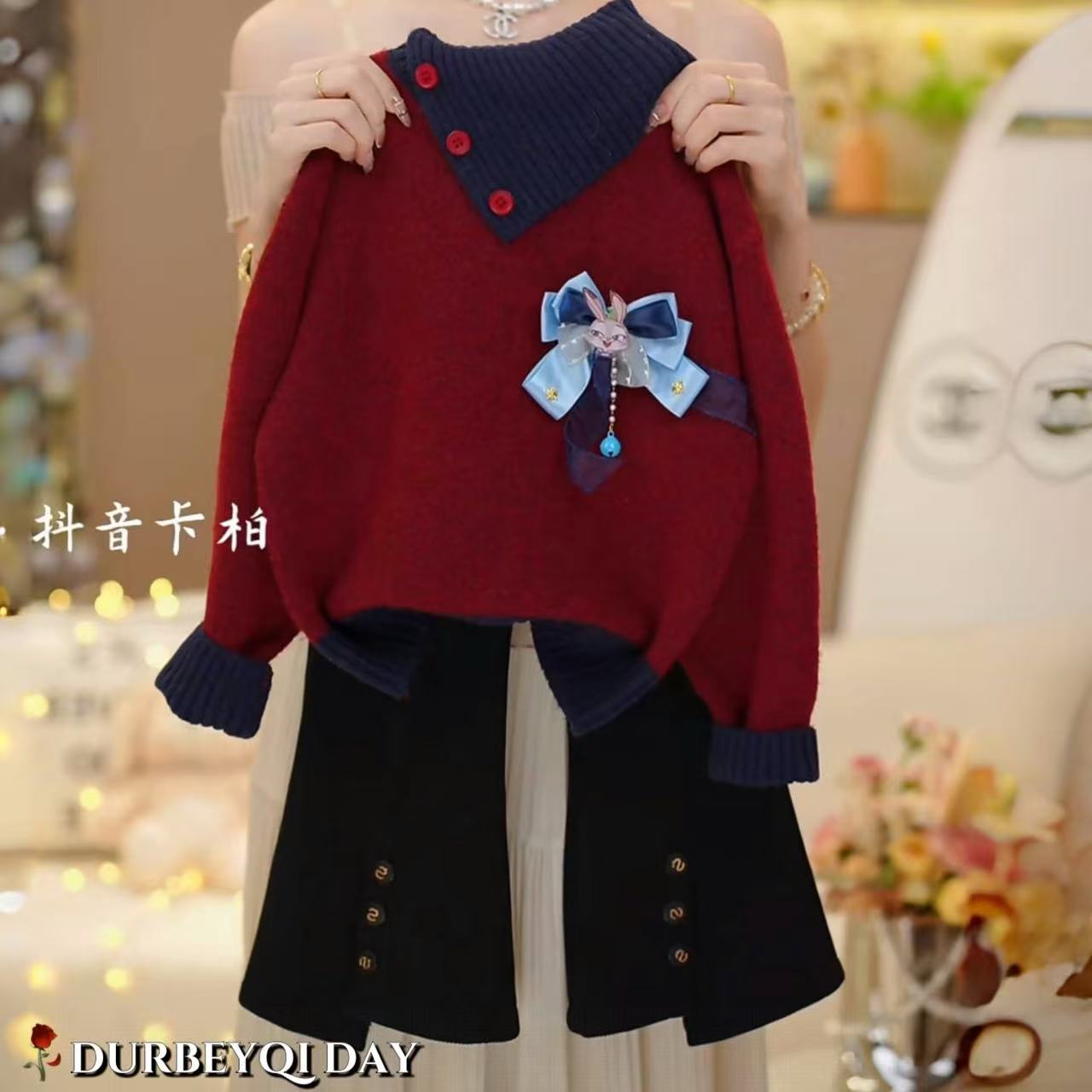 女童2025秋季新款斜领纯色毛衣慵懒风针织5703