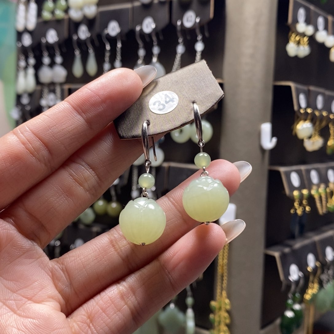 和田玉耳饰银S925镶嵌海