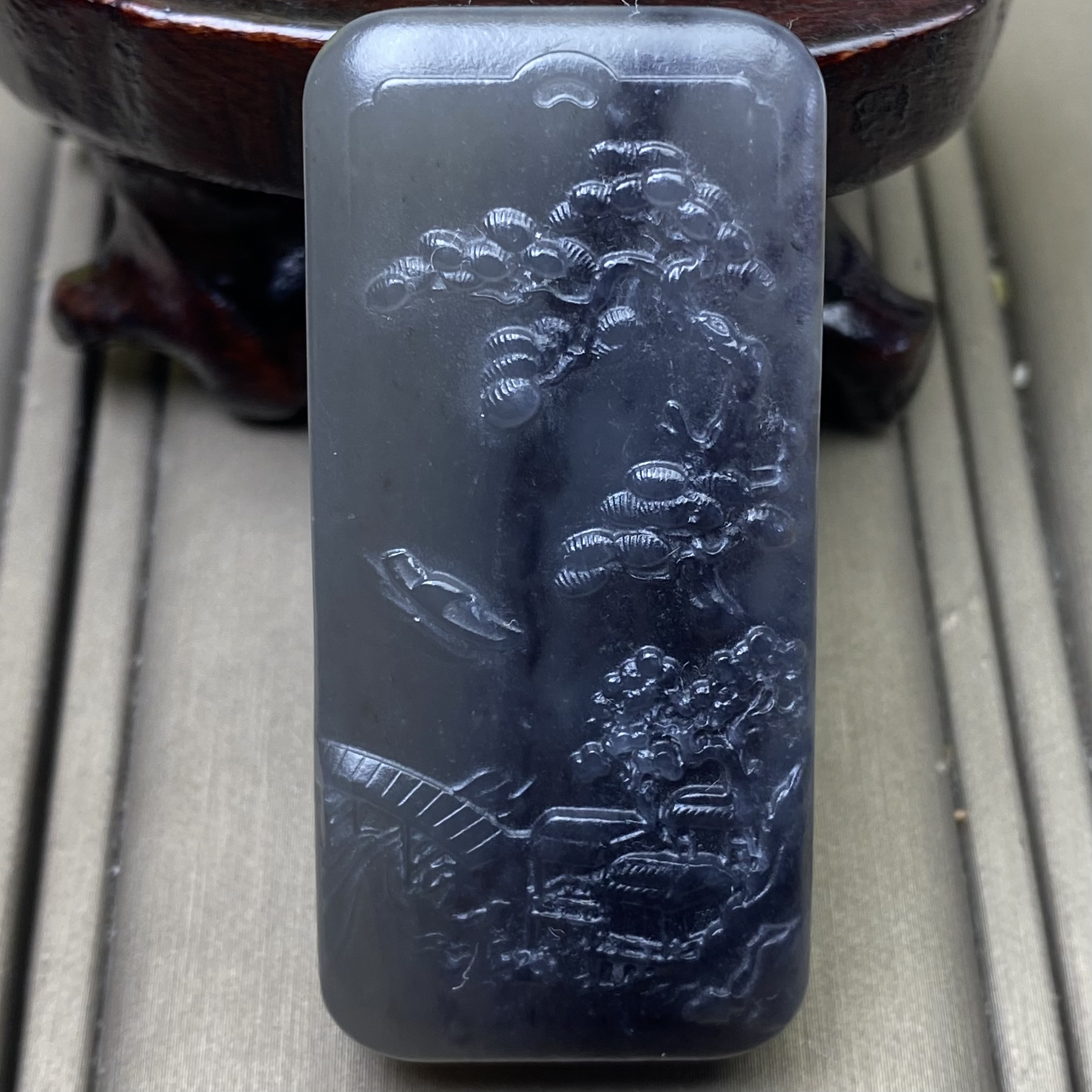 天然和田青海料青花烟紫山水牌子油润挂件一物一证