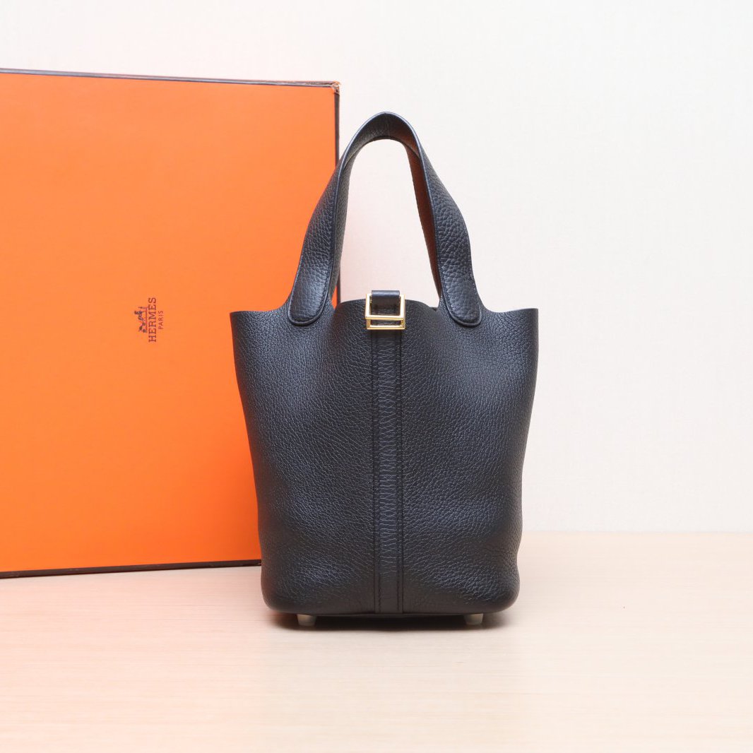95新 Hermes/爱马仕 小花6花 菜篮子 18 黑色 Z刻 金扣