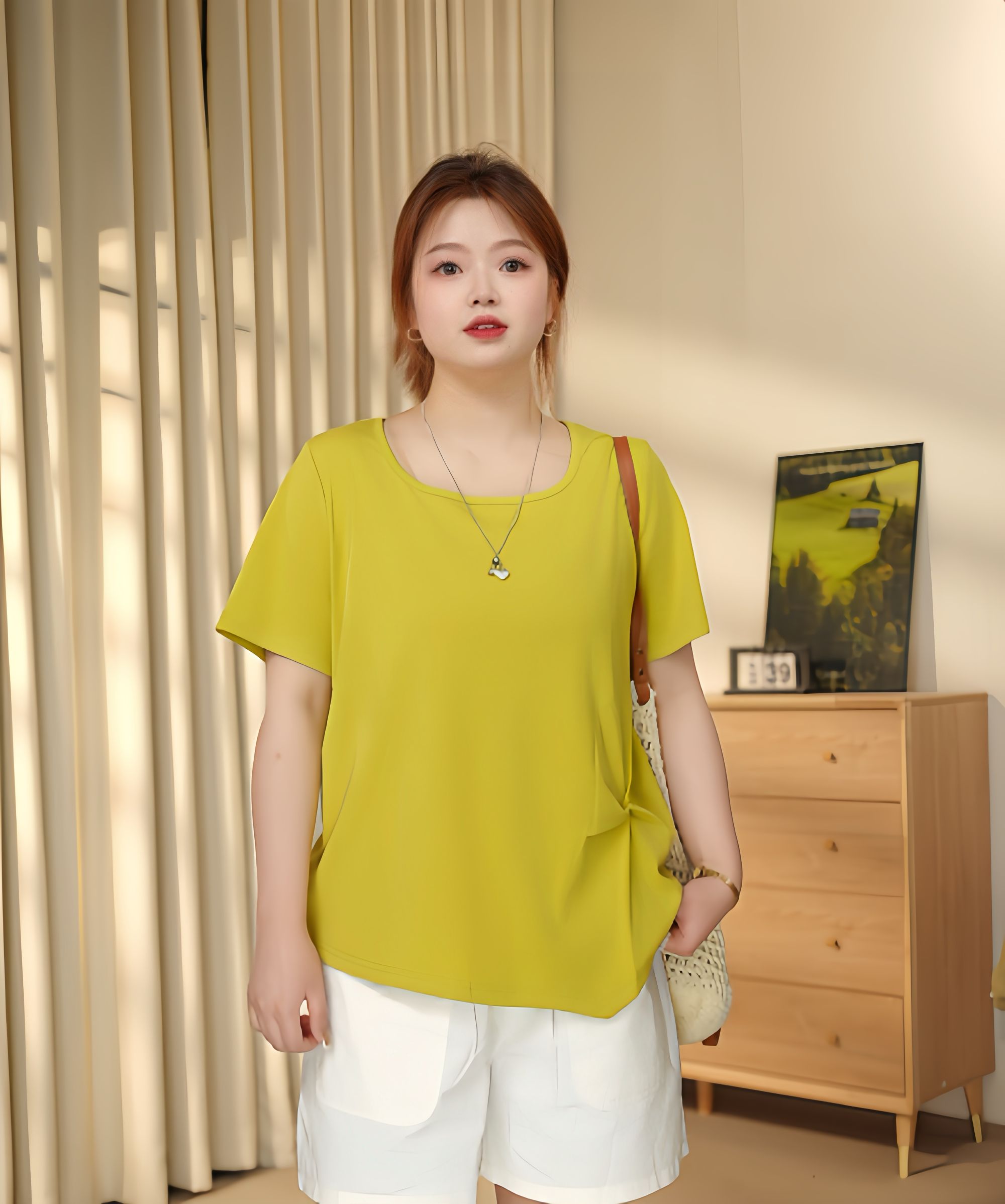 2025夏季新款大码百搭宽松显瘦遮肉设计感吸汗透气方领短袖T恤