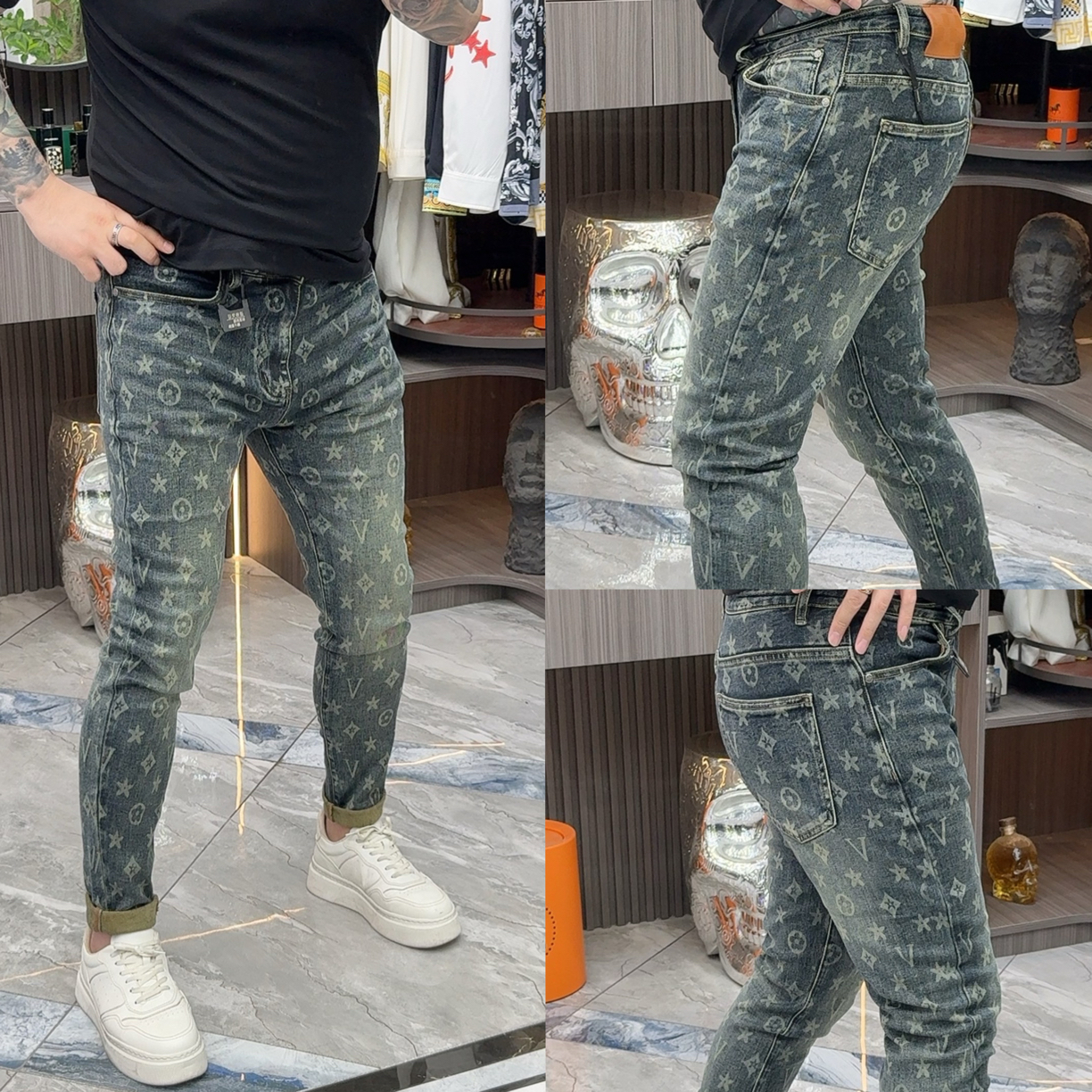 SH轻奢时尚潮流男士提花字母修身牛仔裤7207