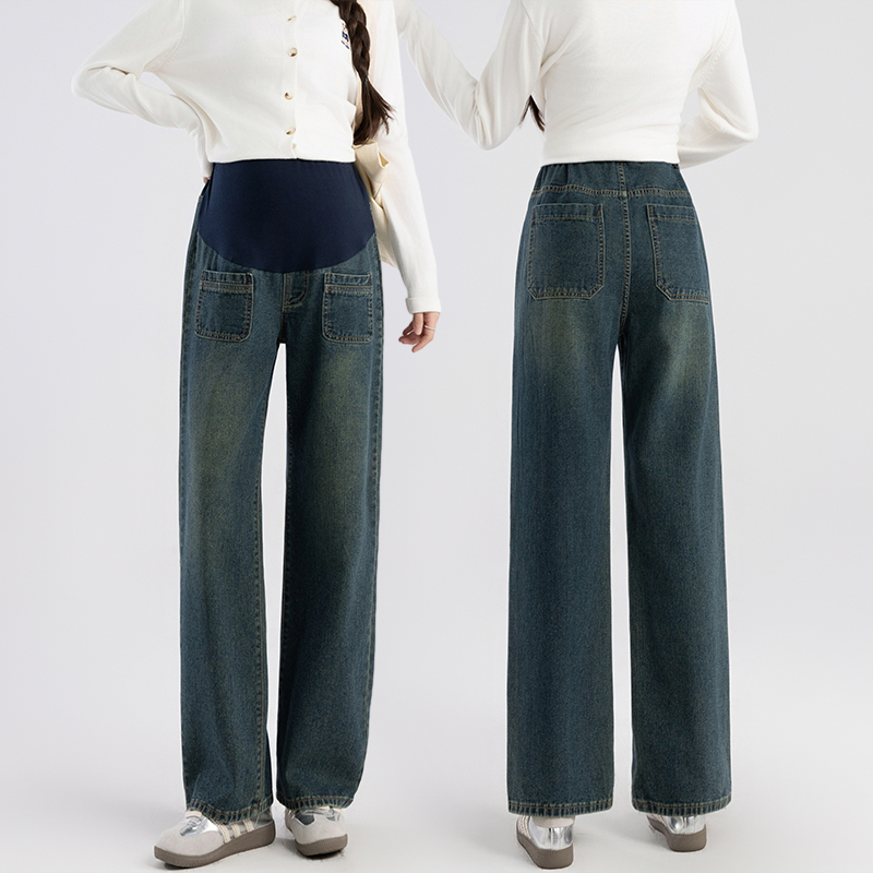 孕妇装春季2025新款复古休闲水泥灰孕妇阔腿裤时尚孕妇宽松牛仔裤