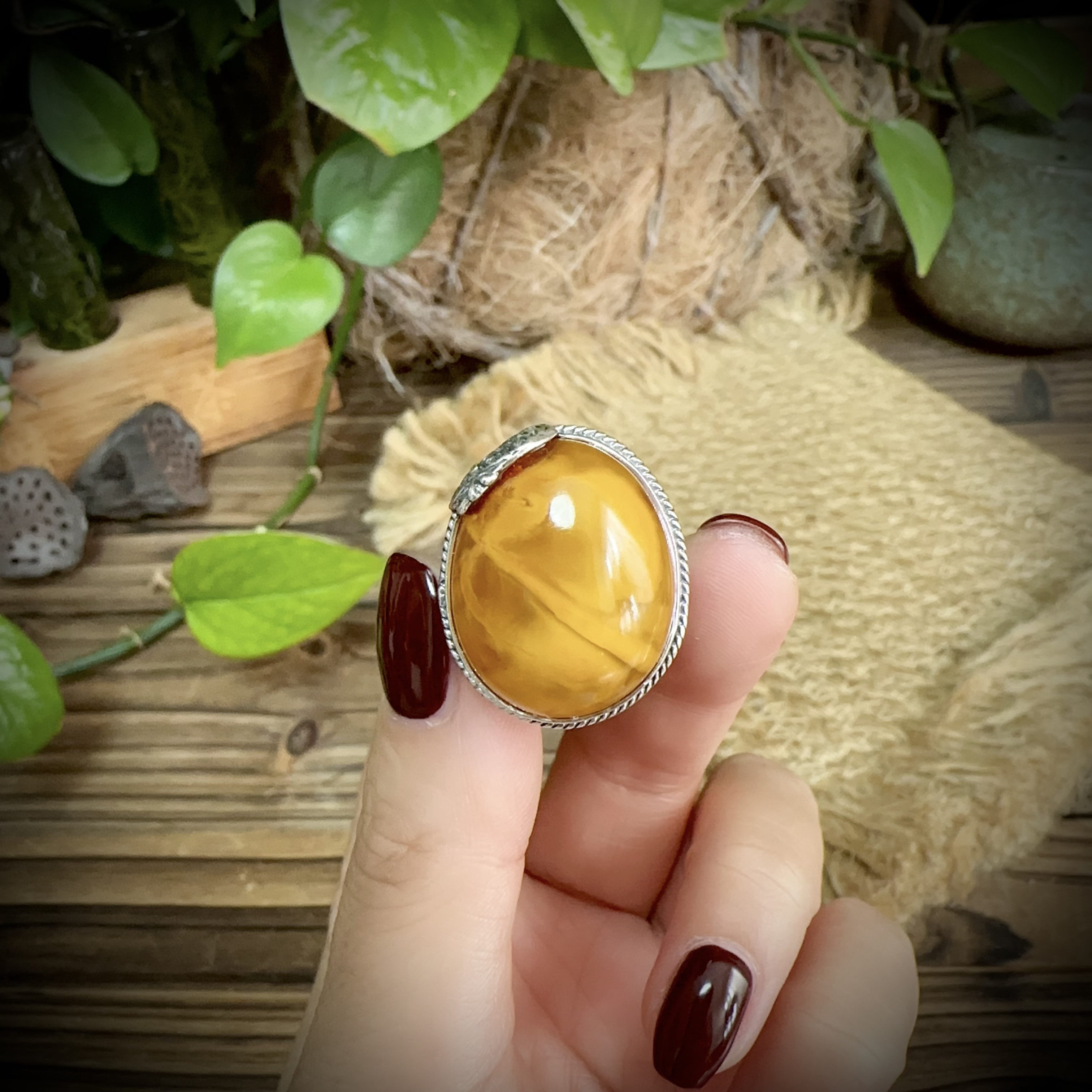 【古香古色】复古s925银蜜蜡琥珀戒指（圈口可调节）