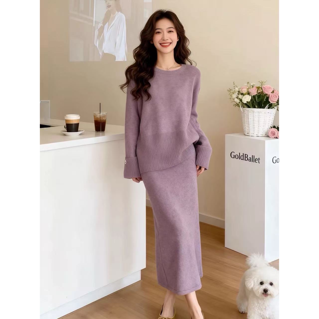 秋冬装搭配一整套法式高级感欧货小香风紫色针织上衣半身裙两件套