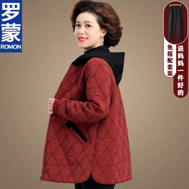 罗蒙品牌妈妈秋装气质夹棉外套新款中老年女秋冬中长款轻薄棉衣服