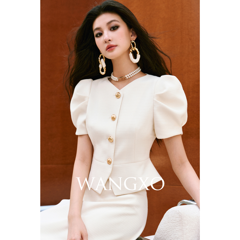 WANGXO  优雅端庄亮丝小香泡泡袖套装253633W