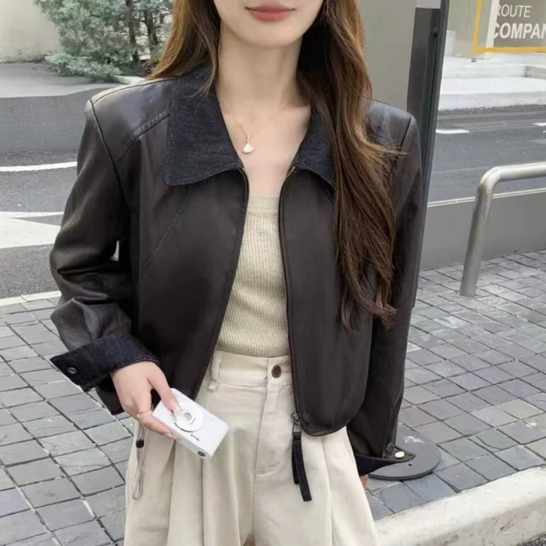 欧货翻领短款PU皮衣外套女收腰2025秋新款时尚百搭机车服夹克