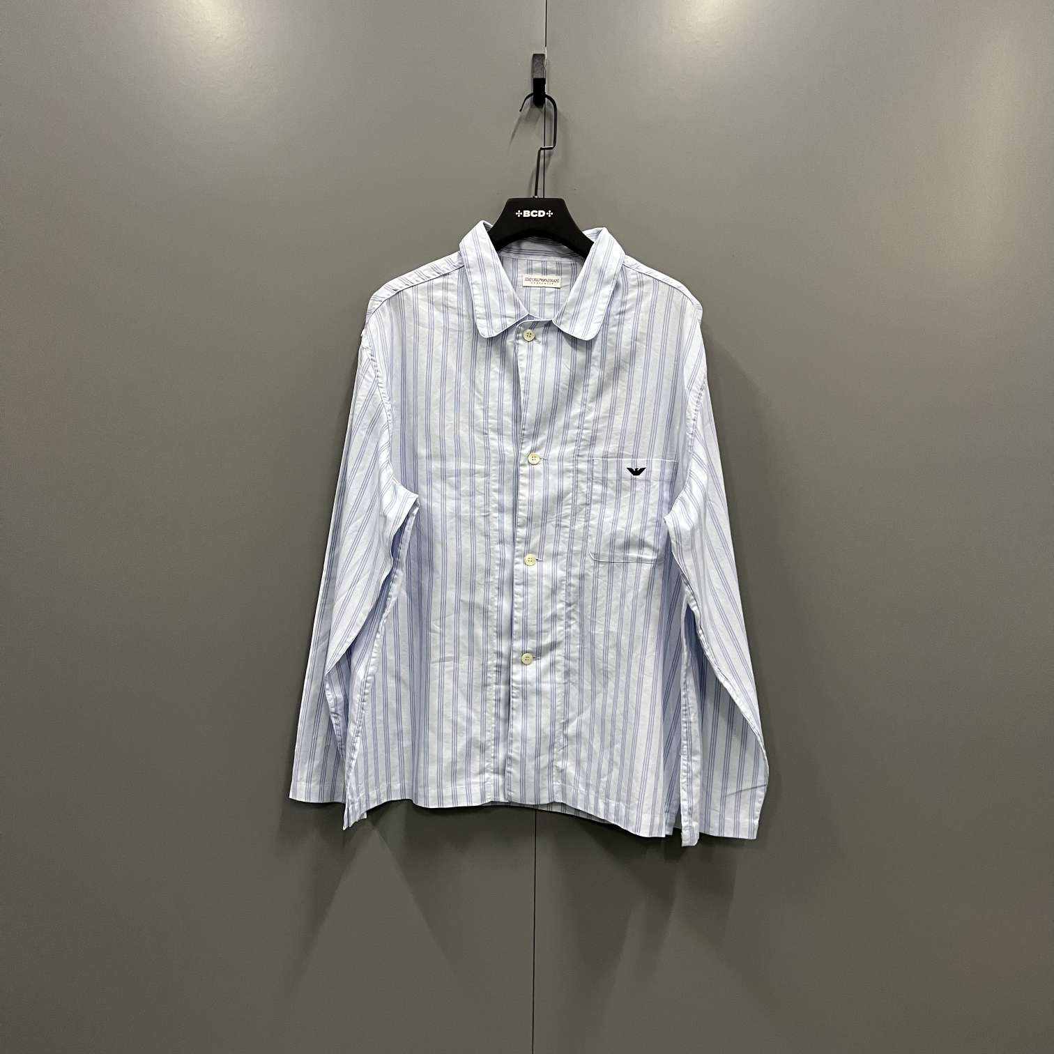 95新 GIORGIO ARMANI/阿玛尼 （jp）204 蓝白条纹刺绣衬衫 XXL码