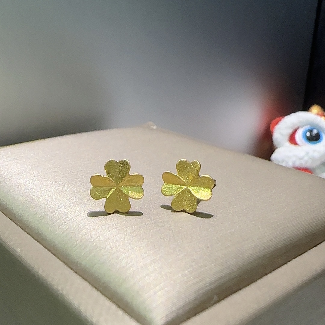 5G足金999耳钉磨砂四叶草直针