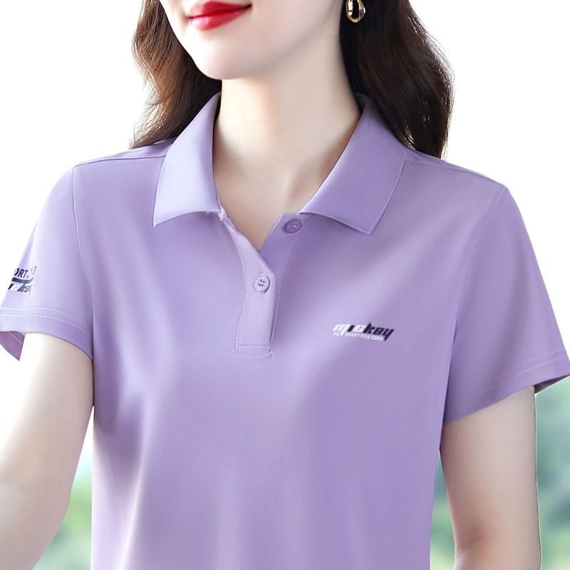 A31紫色夏季女士t恤短袖时尚宽松洋气妈妈装polo衫休闲运动上衣