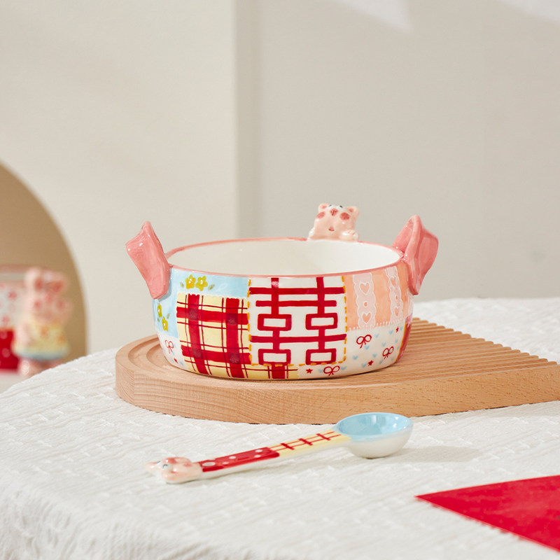【POP兔】织囍拼兔双耳面碗饭碗结婚喜庆入伙伴手礼
