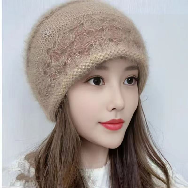 新款帽子钩花双层加厚防风保暖小卷边护耳蓓蕾帽保暖时尚堆堆帽