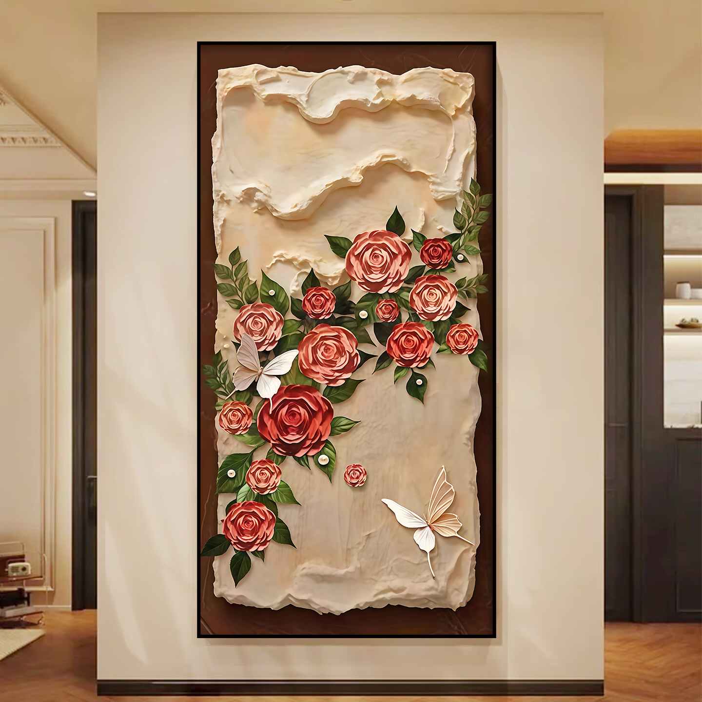 T15中古风玫瑰背景墙装饰画高级感客厅落地壁画花卉入户玄关挂画