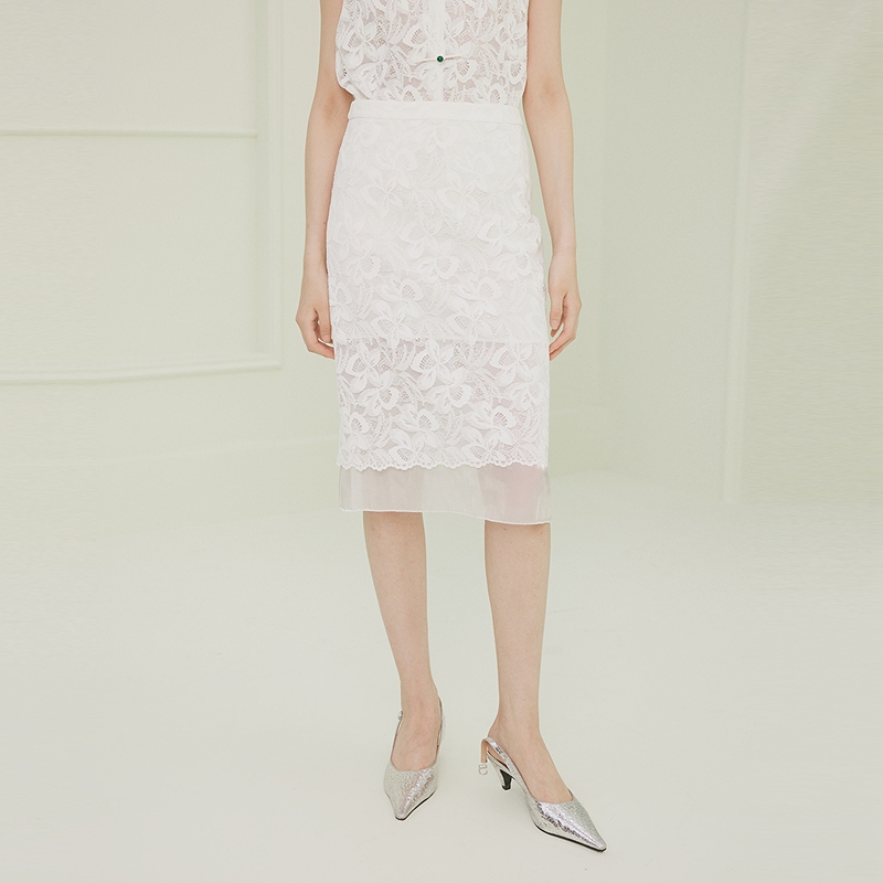 【晨晨专属】firststation细闪欧根纱下摆直筒蕾丝半身裙女3598A