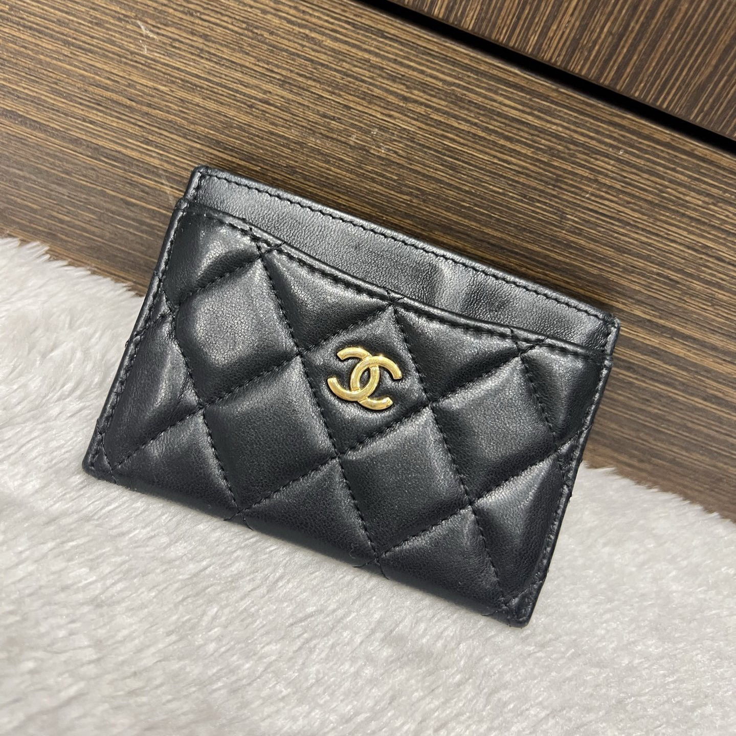 95新 Chanel/香奈儿 黑金羊皮卡包 /二奢