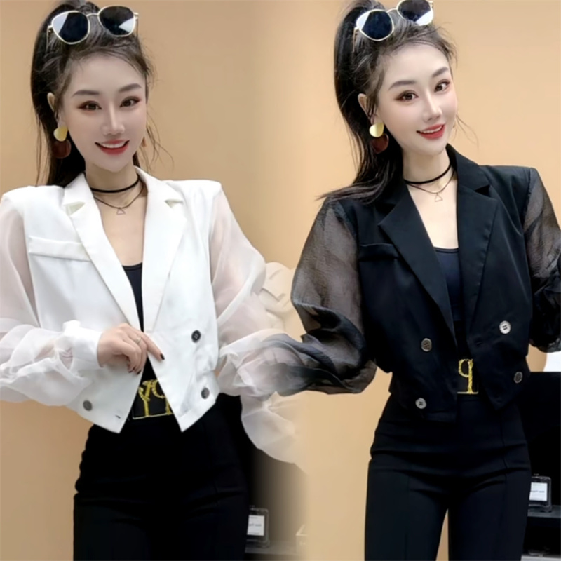 欧根纱拼接西服薄款百搭修身显瘦纯色短款西装外套
