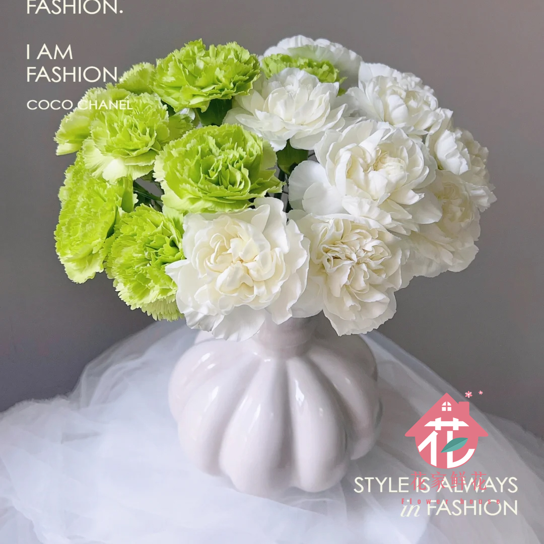 【A夏日清新爆款】5枝绿5枝白康乃馨＋8枝骄傲白玫瑰＋5枝阳光粉桔梗＋5枝黄莺家庭插花-次日达