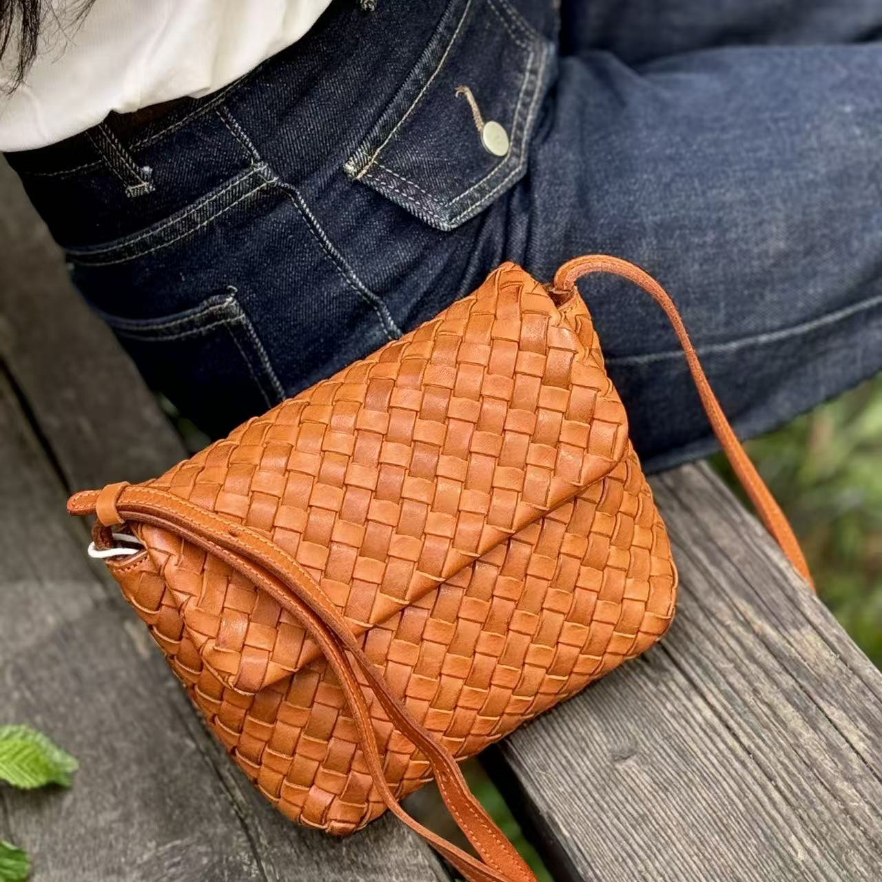 MOZE 文艺复古头层高油脂牛皮编织包真皮单肩斜挎小包