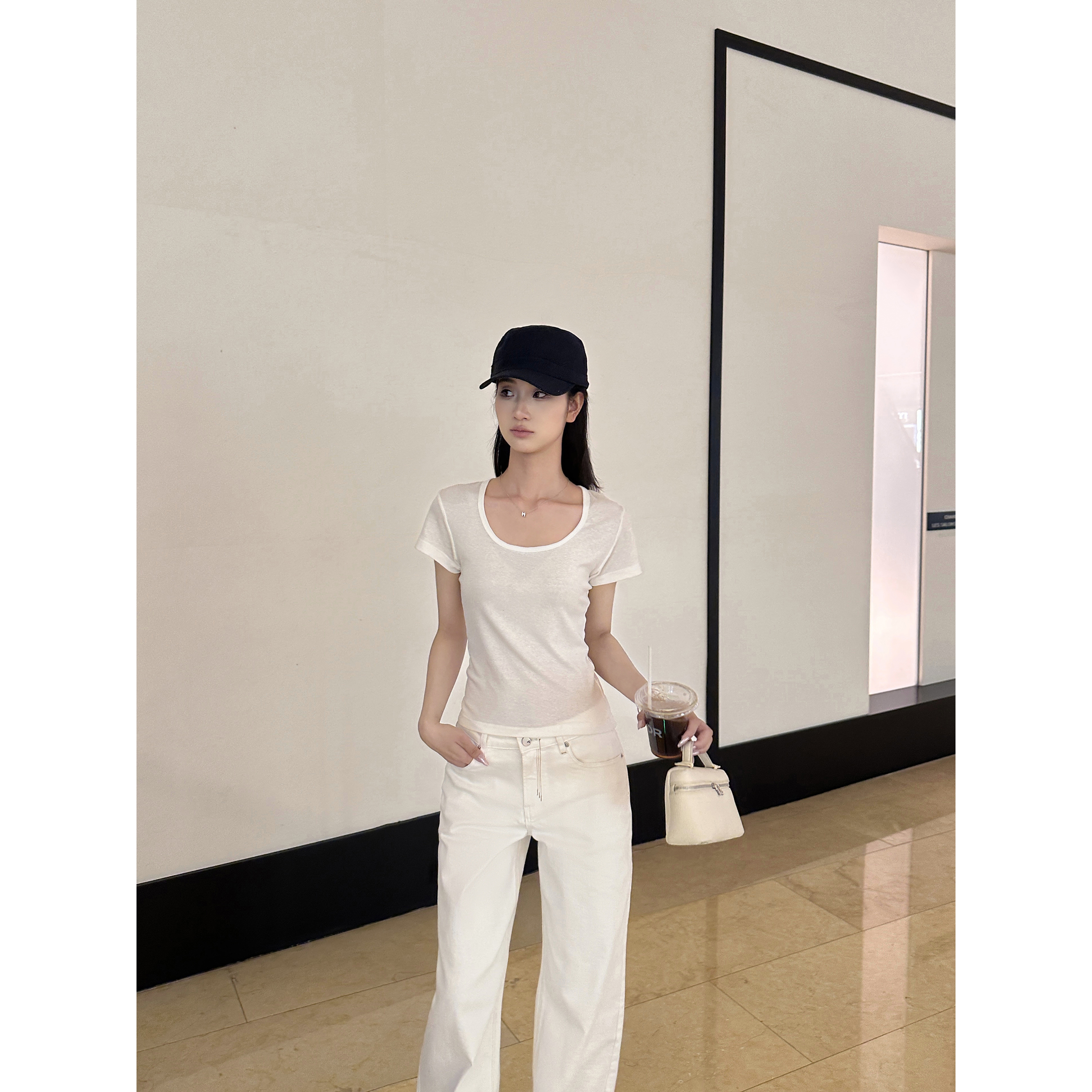 5werkwen 闷热感拜拜 天丝亚麻薄款方领短袖t恤34-55