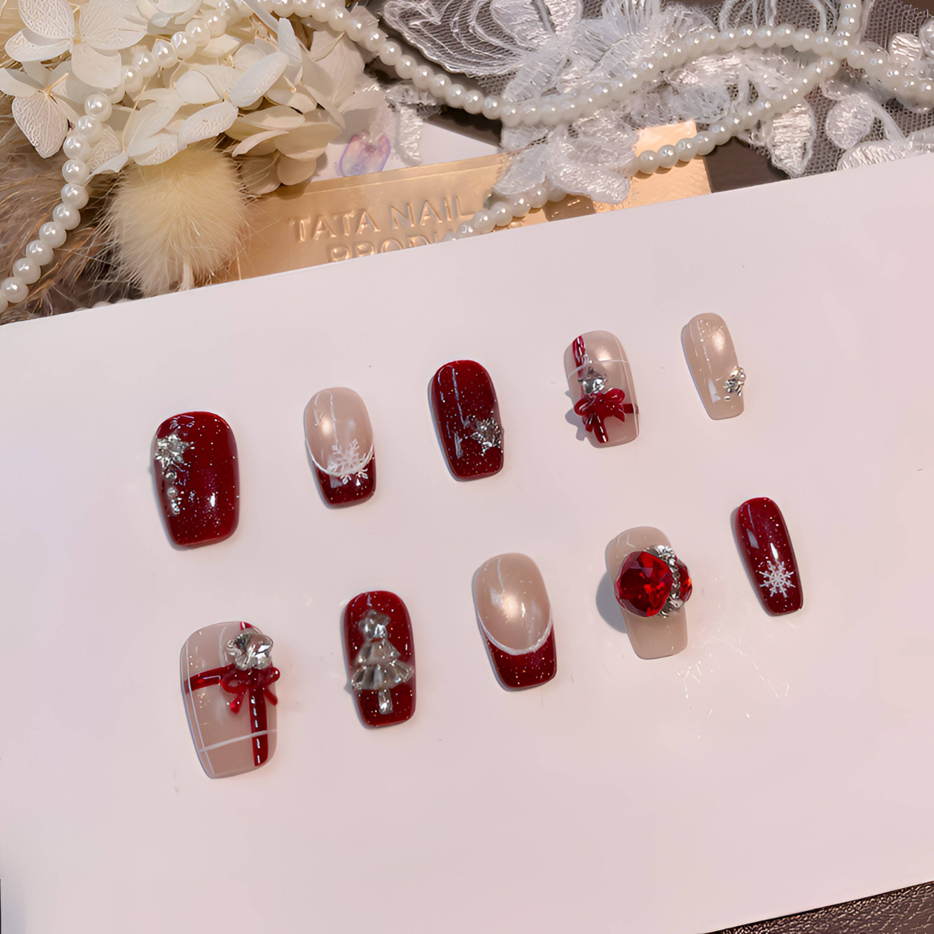 A2346『落雪菱纱』新年圣诞轻奢爆闪锆石钻饰拼花圣诞树手工穿戴甲