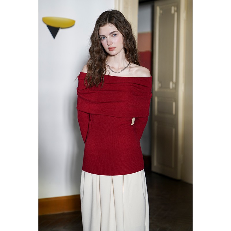 miora studio法式复古露肩穿搭长袖针织衫红色女上衣一字肩毛衣