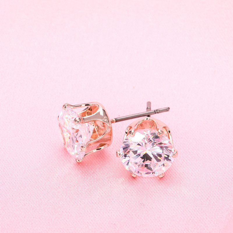 铜合金锆石耳饰 韩版8mm六爪圆形锆石s925仿银针耳钉闪耀拍一发二