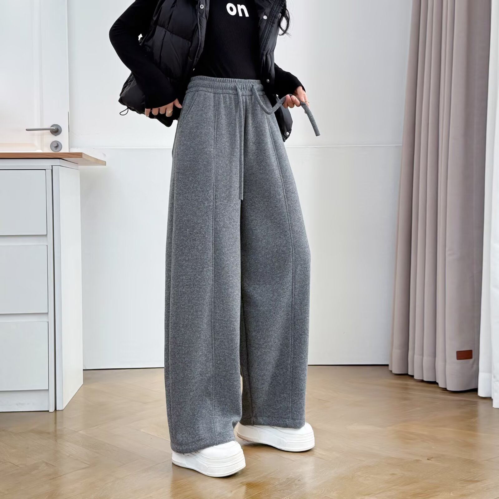 200斤秋冬大码女新款简约休闲加绒加厚弯刀裤胖妹妹百搭长裤9199