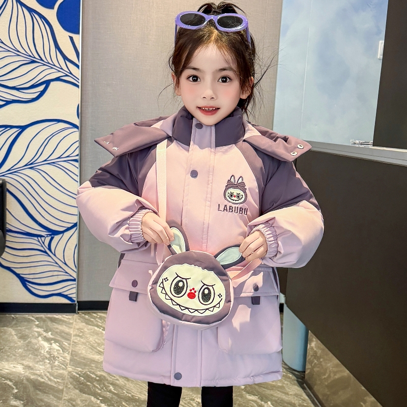 2025新款加厚喜气洋洋女中大童棉服连帽长款啦布布棉服