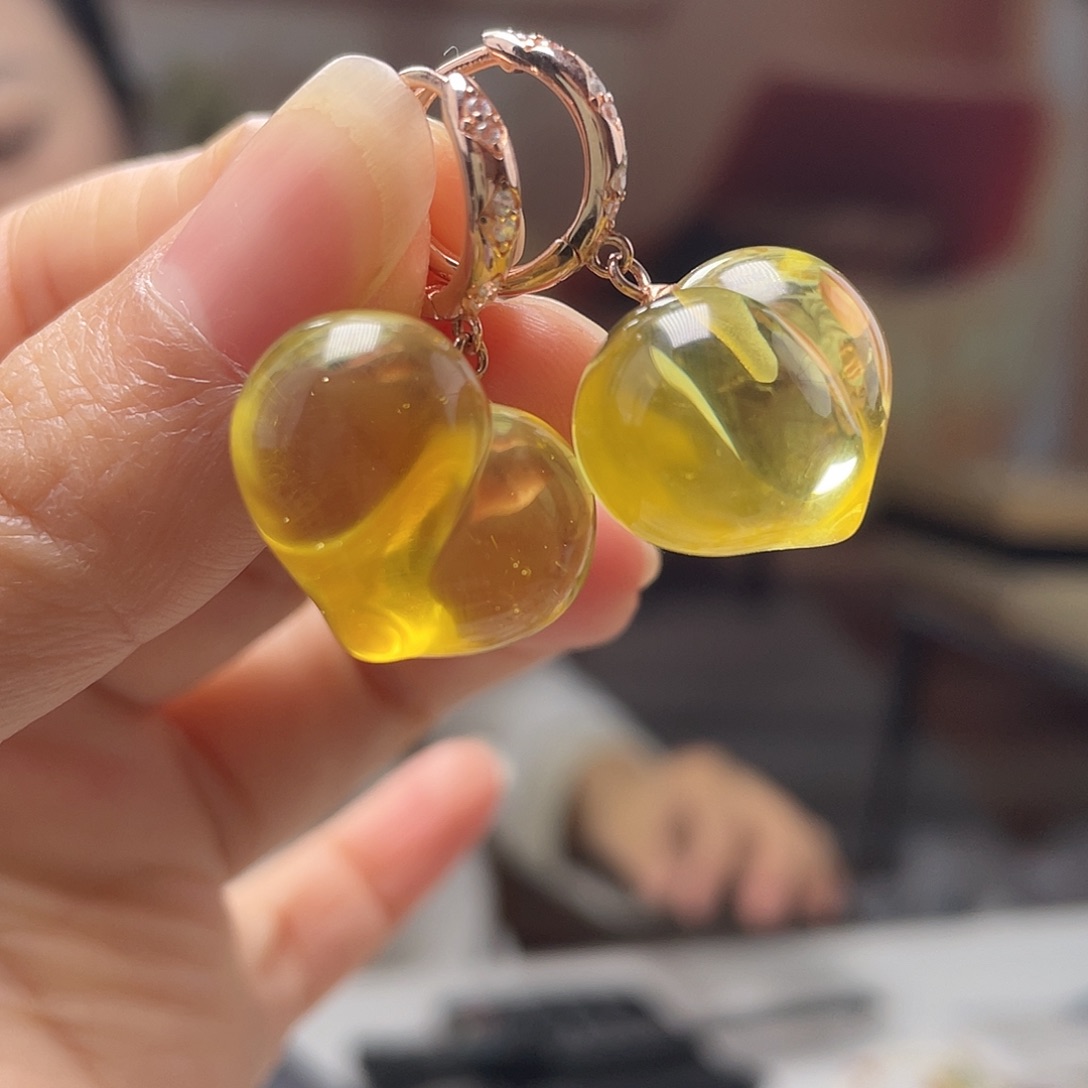 琥珀银S925镀金镶嵌裸石耳环