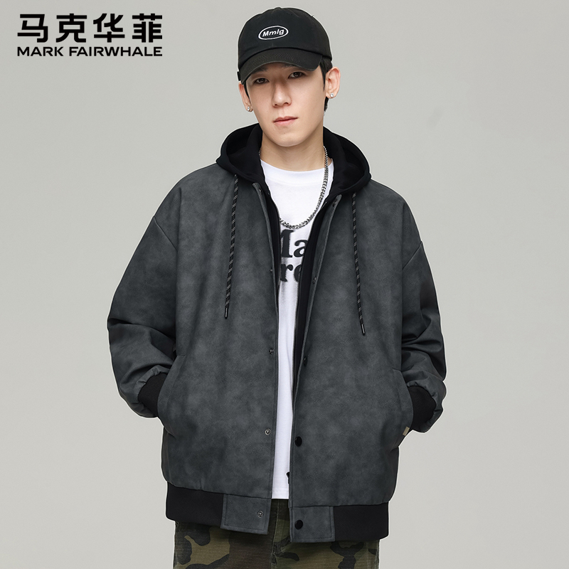马克华菲连帽工装外套男士秋冬季新款假两件高级休闲风夹克上衣男