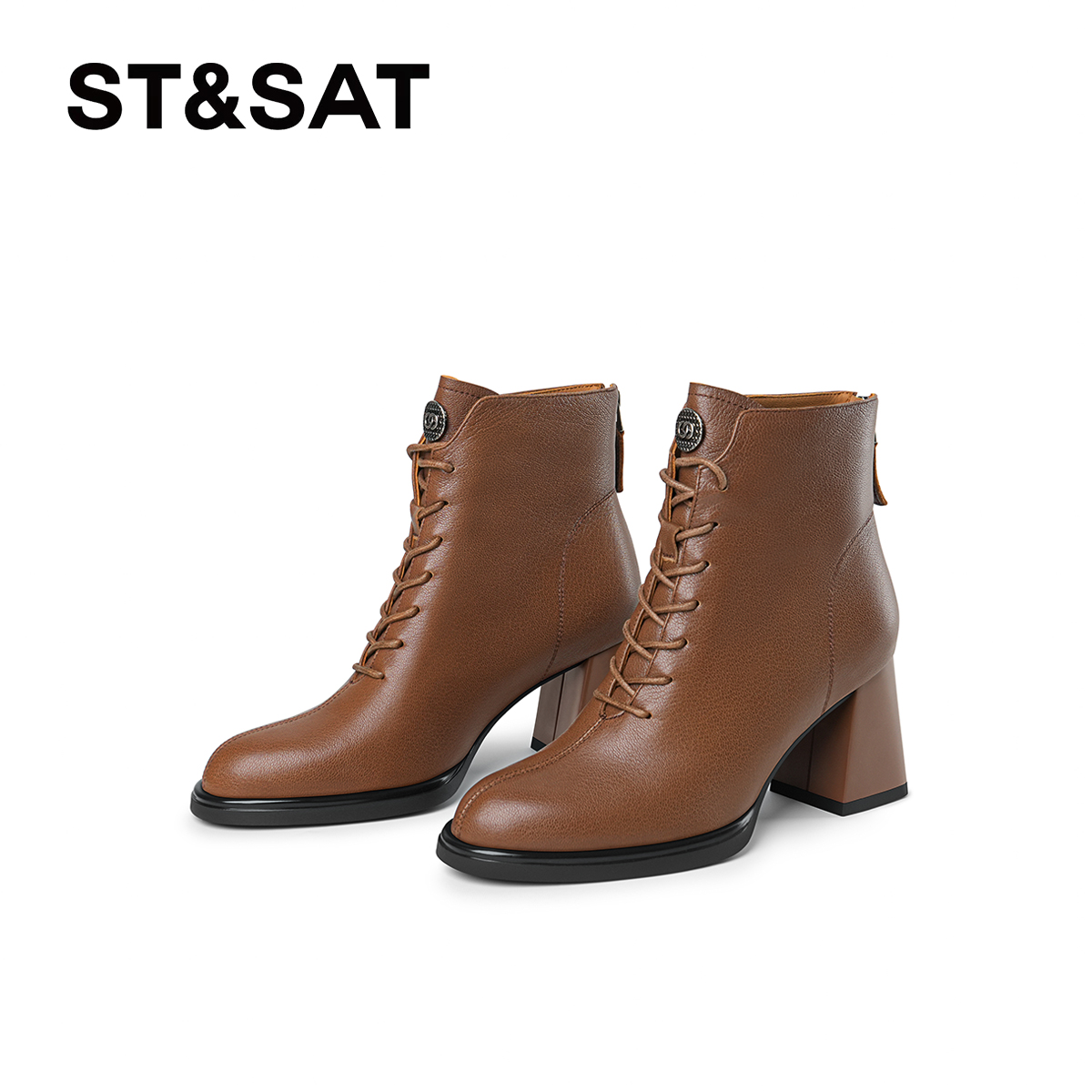 St&Sat/星期六纯色高跟秋冬马丁黑色粗跟气质系带时尚百搭时装靴