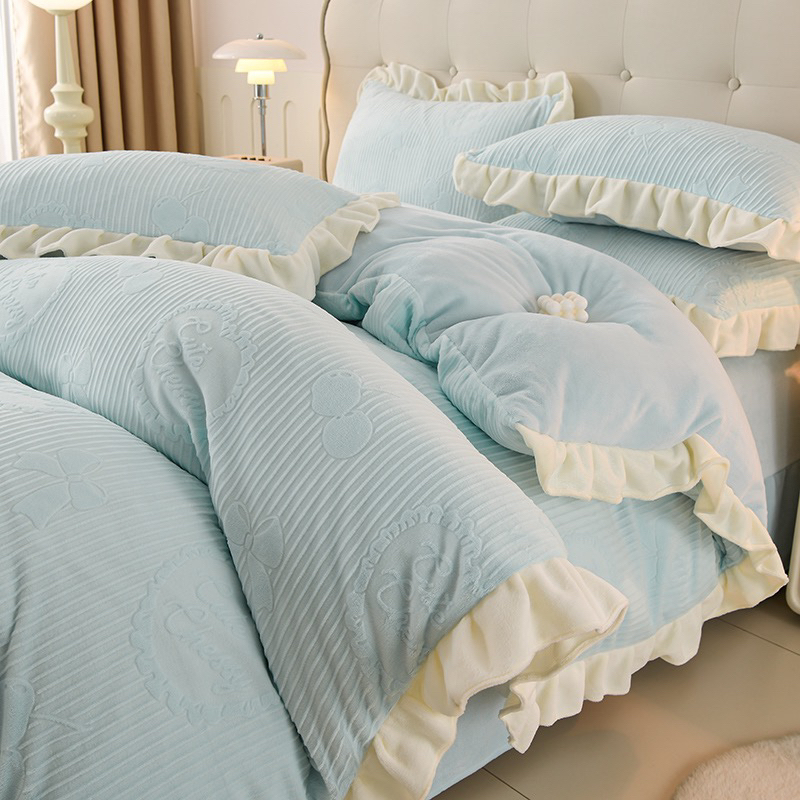 法式公主风冬季雕花牛奶绒花边四件套ins风保暖被套床单床上用品