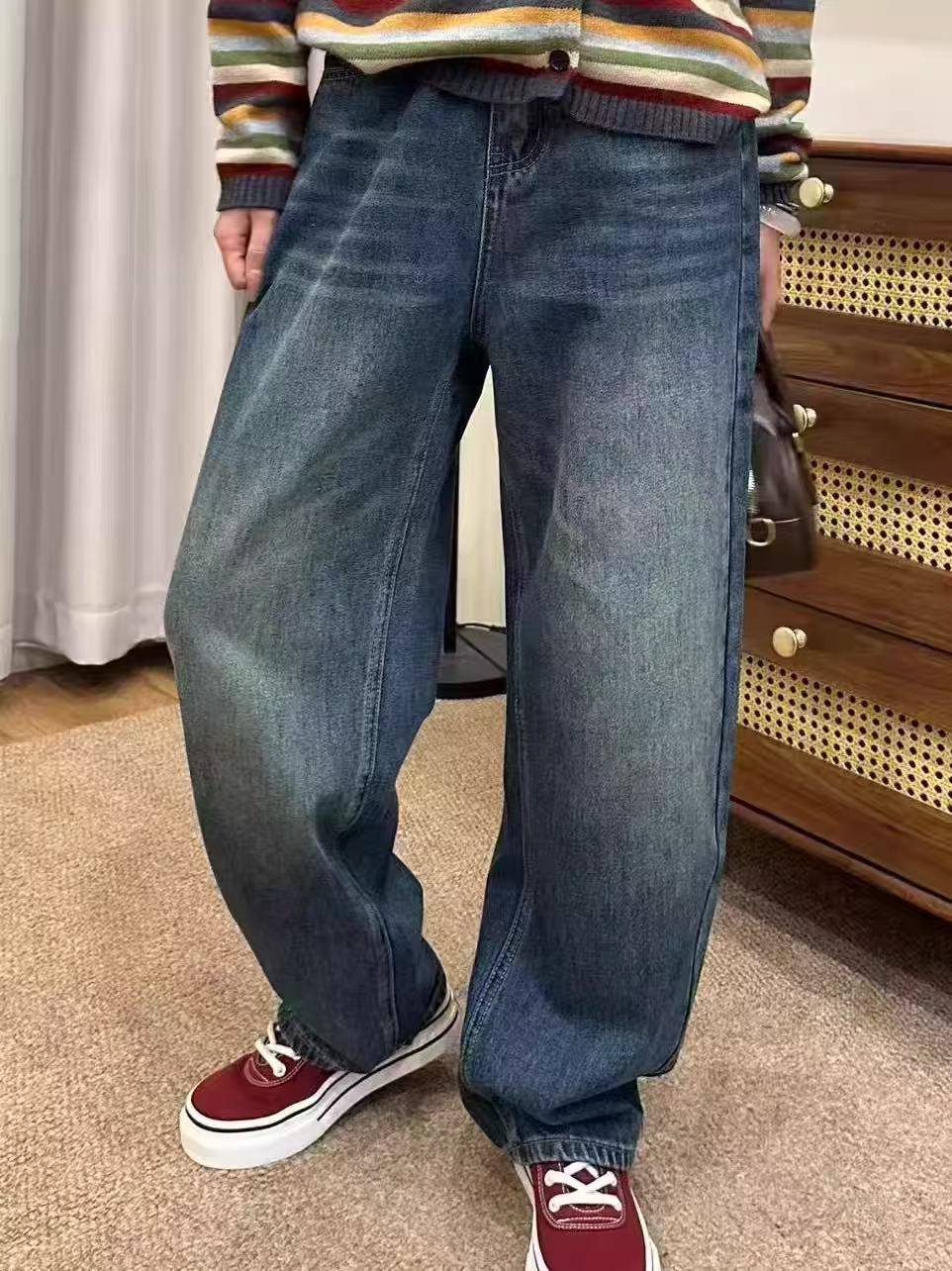 复古新款蓝色牛仔裤加绒加厚高腰秋冬牛仔裤宽松显瘦阔腿直筒裤
