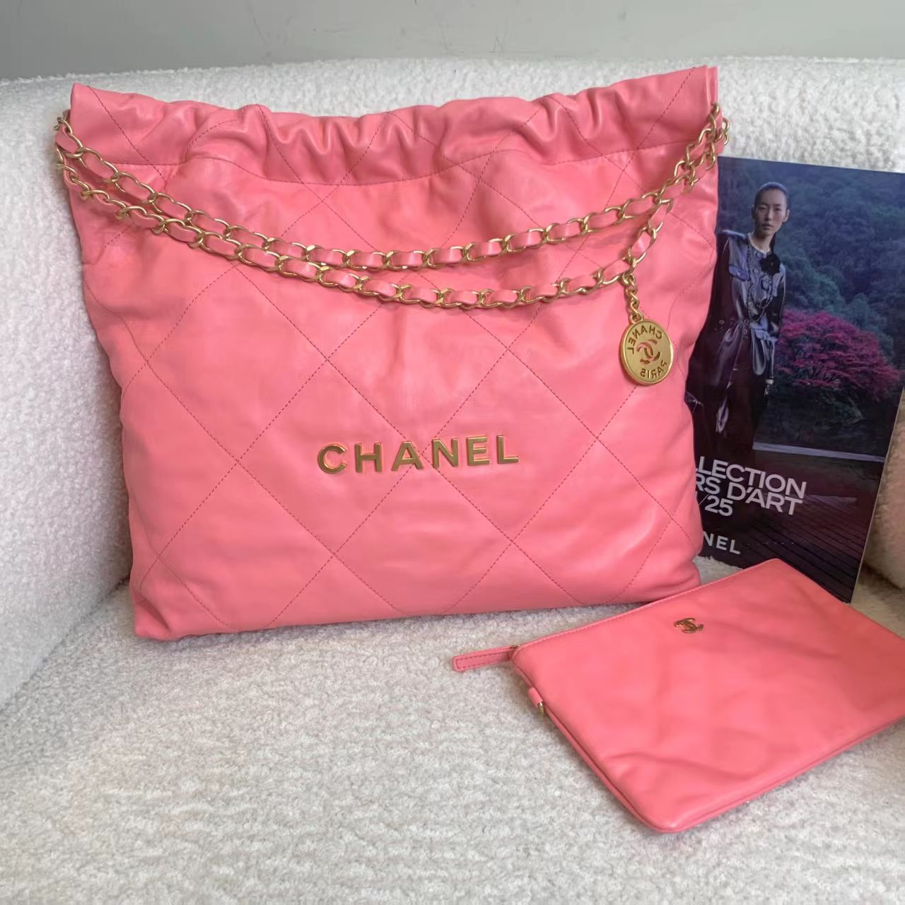 99新 Chanel/香奈儿 壹臻/22s珊瑚粉22bag中号 85394537