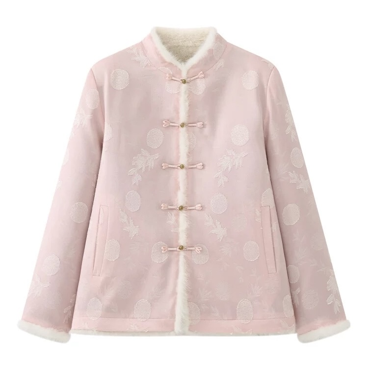 【秋实专属】Y1959新中式国风粉色棉衣款秋冬女士水貂绒毛宋锦外套