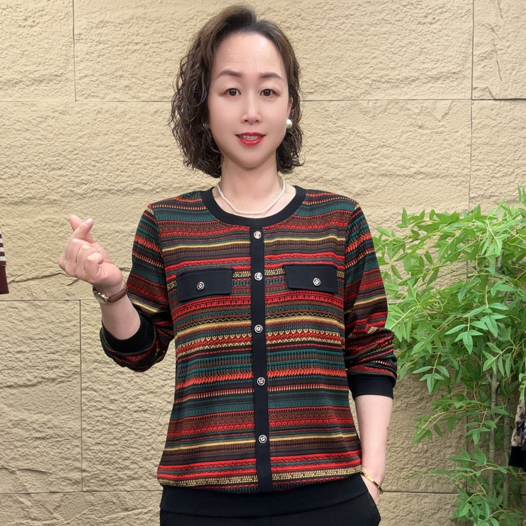 妈妈装圆领条纹长袖时尚薄款中老年女装打底印花针织衫休闲百搭女