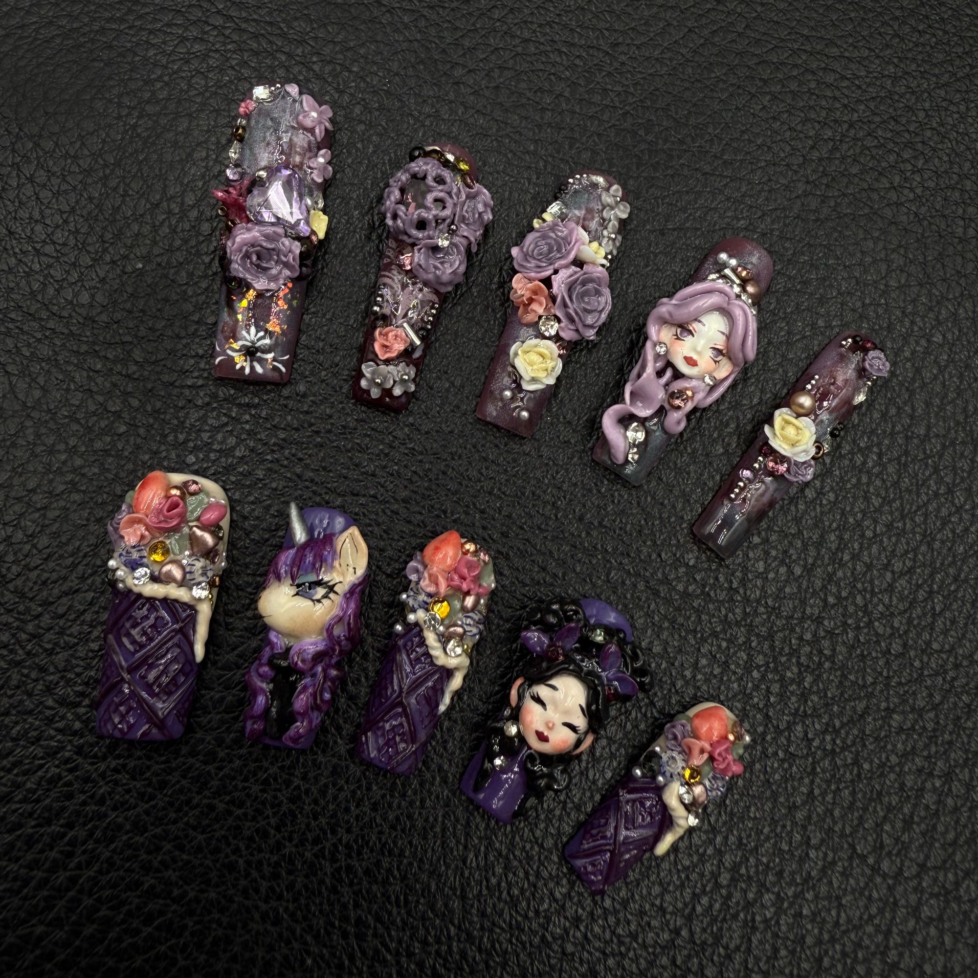 安夏  紫域花漾10片  纯手工小众穿戴甲贴片重工设计私定娃娃款