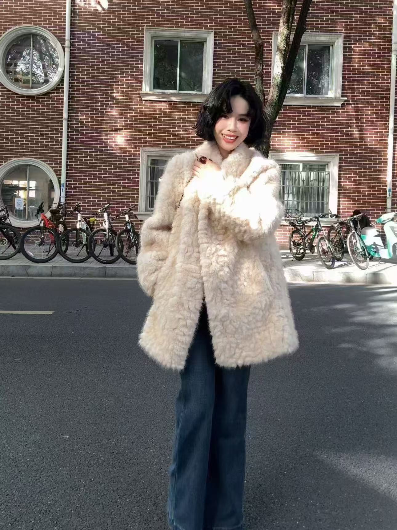 【富贵儿专属】冬季中长款环保小湖羊韩系高级感立领保暖毛毛外套