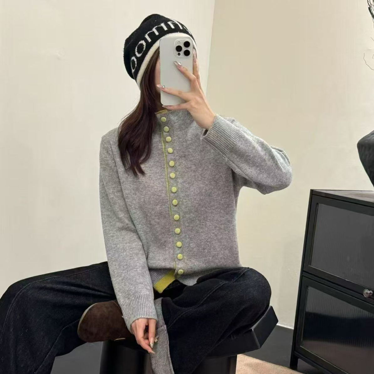 【OZZ—0020】秋冬韩系慵懒风半高领宽松百搭针织开衫女内搭外
