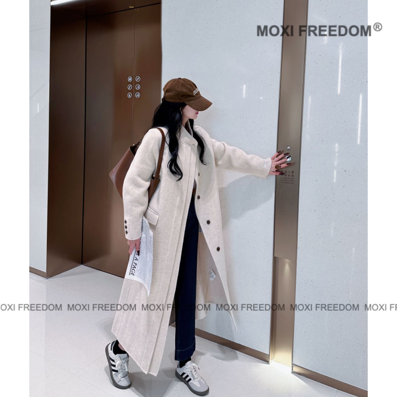 【双襟叠序】秋冬季设计师款正肩加长版双面羊毛呢大衣气质外套女装