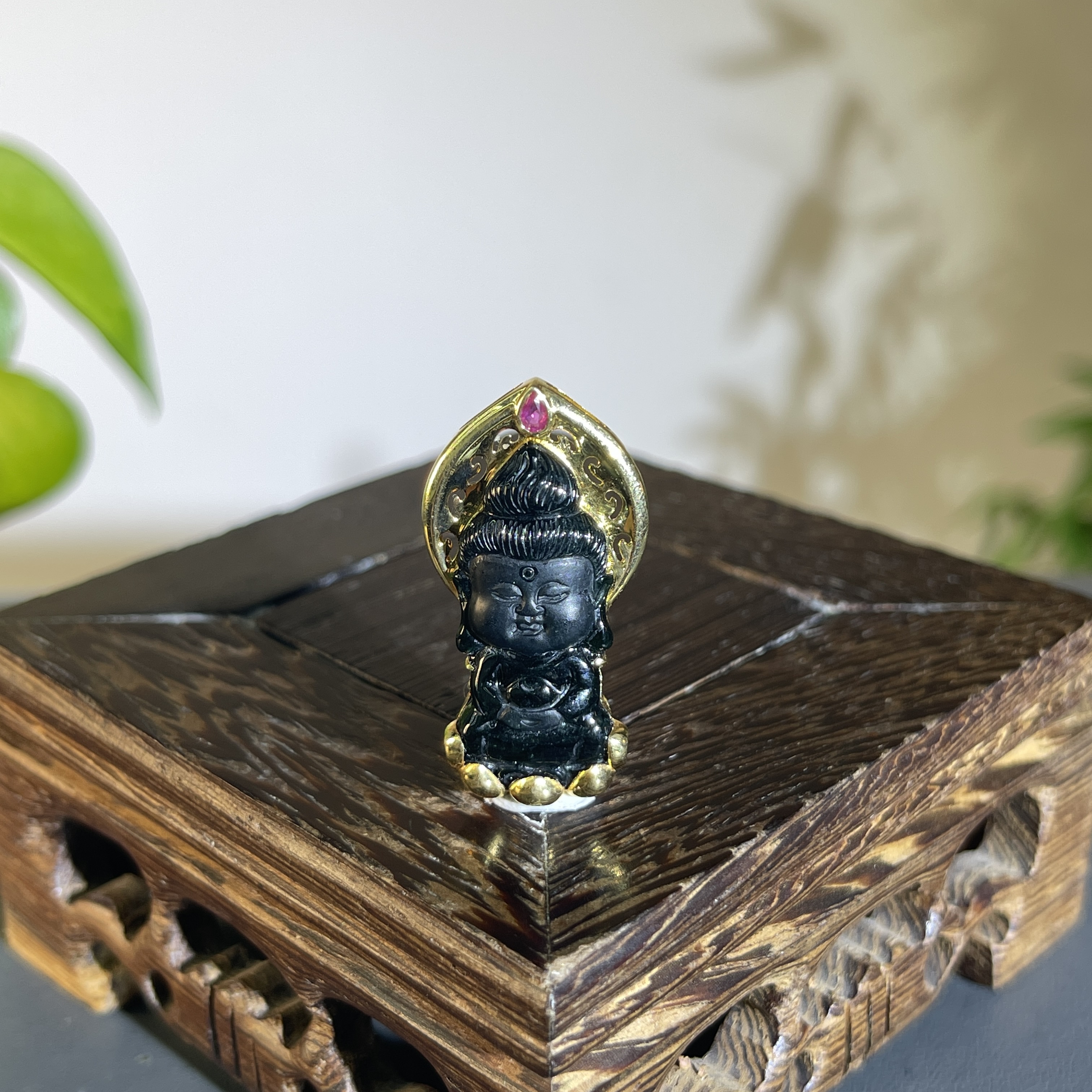 JTB09-210 黑色天然翡翠A货 黑-18K镶嵌宝宝佛