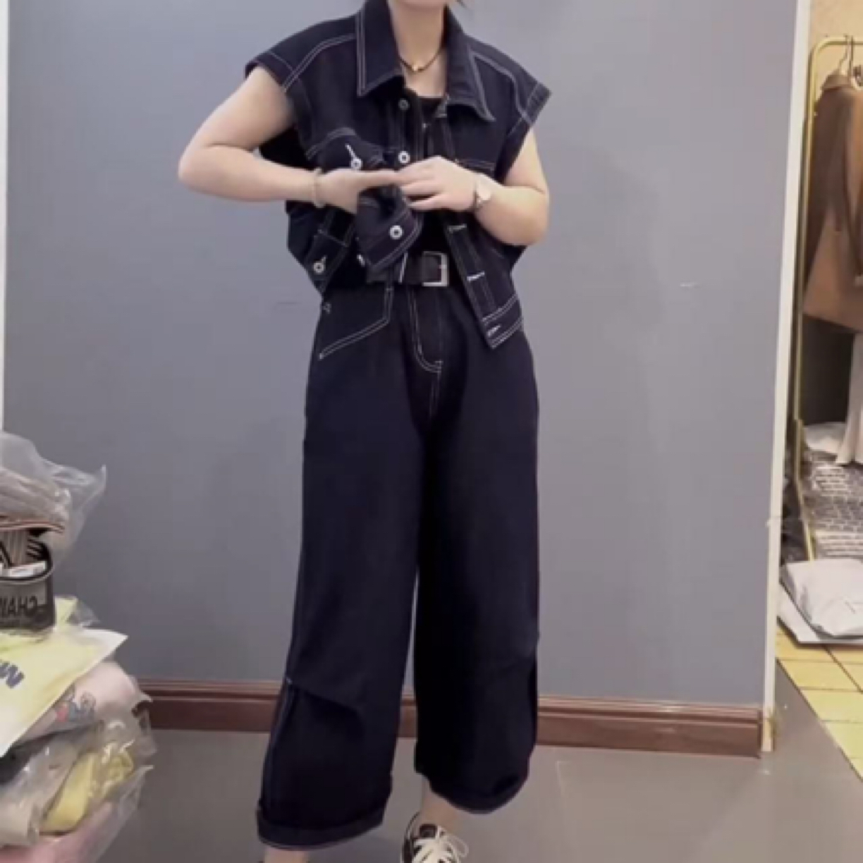 欧货夏季新款牛仔马甲搭配直筒裤套装 腰带