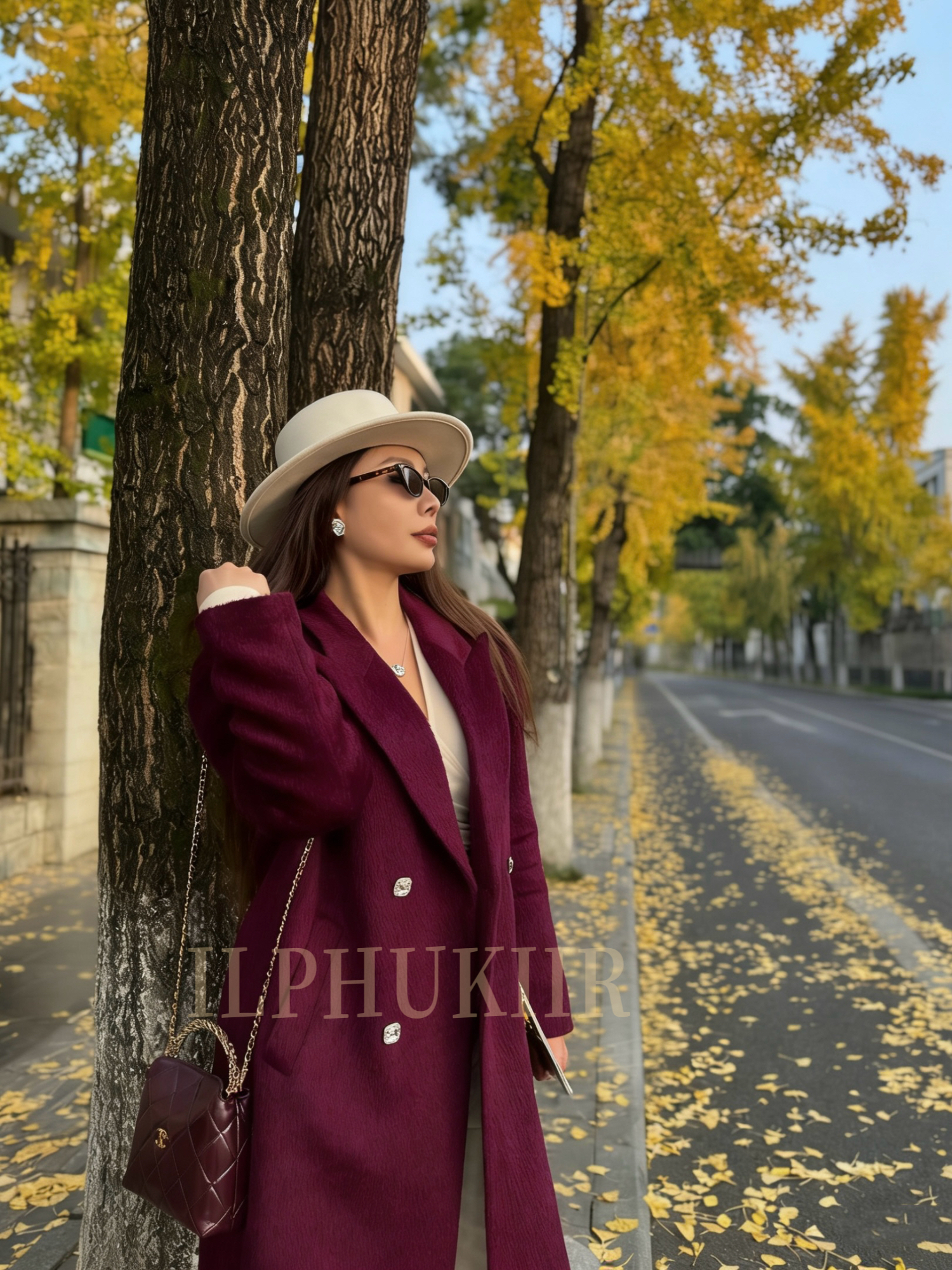 ILPHUKIIR【火龙果】枪驳领廓形微收腰加厚有里衬紫红中长大衣