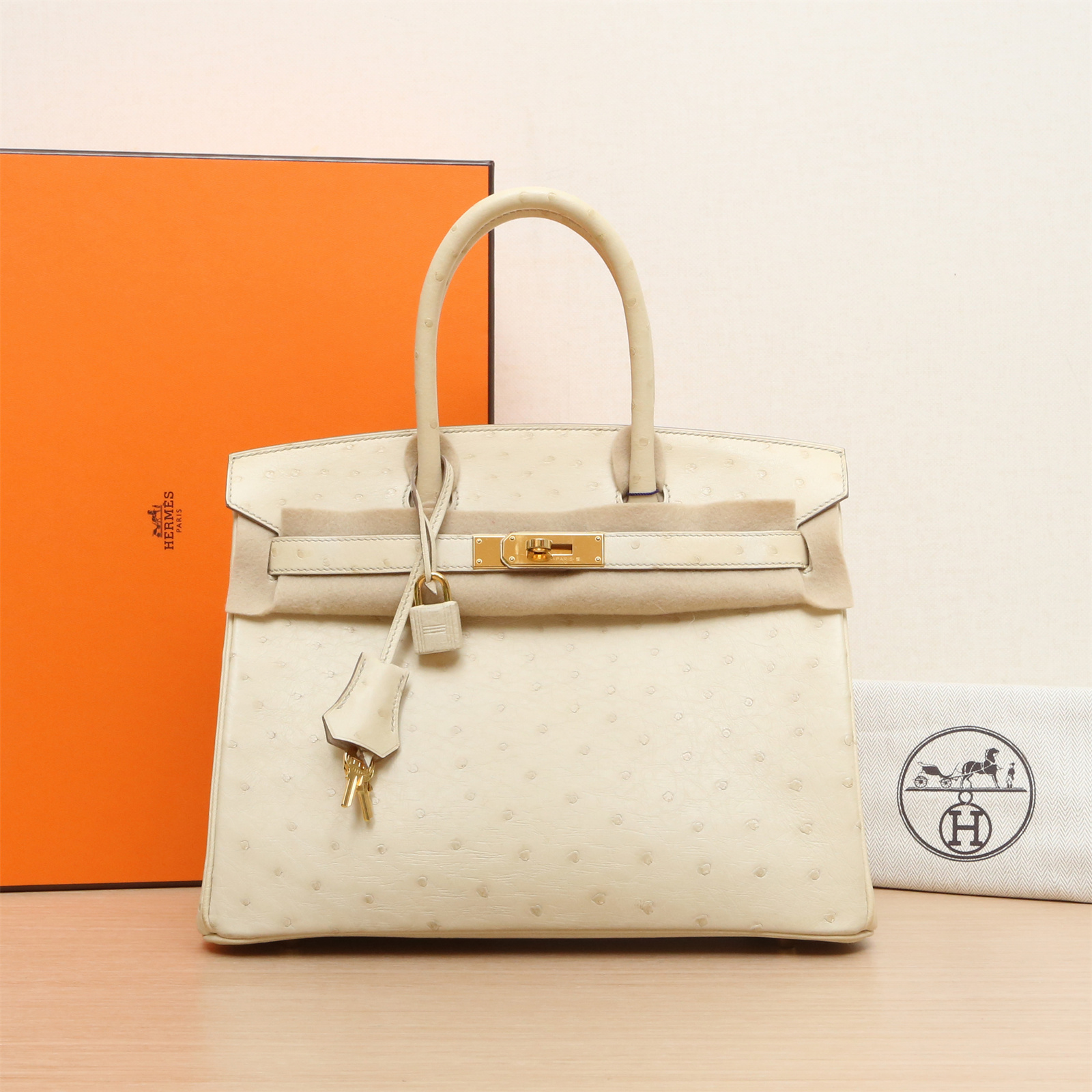 99新 Hermes/爱马仕 小花6枫手提包 30 3C羊毛白 鸵鸟皮 Z刻 金扣