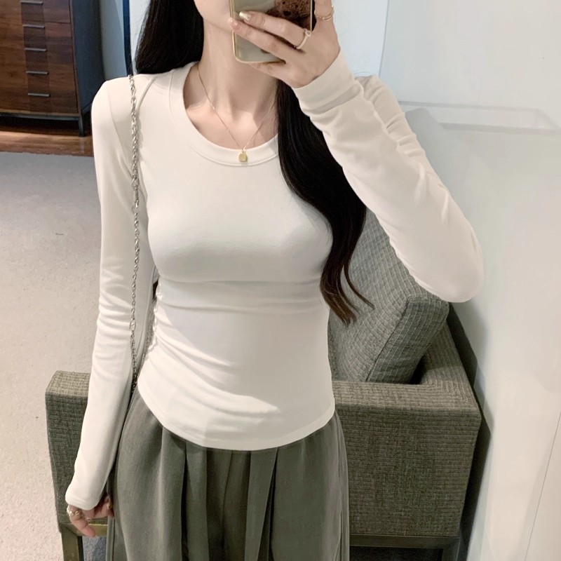 基础款圆领纯色打底衫女上衣长袖2025秋冬修身显瘦短款内搭t恤