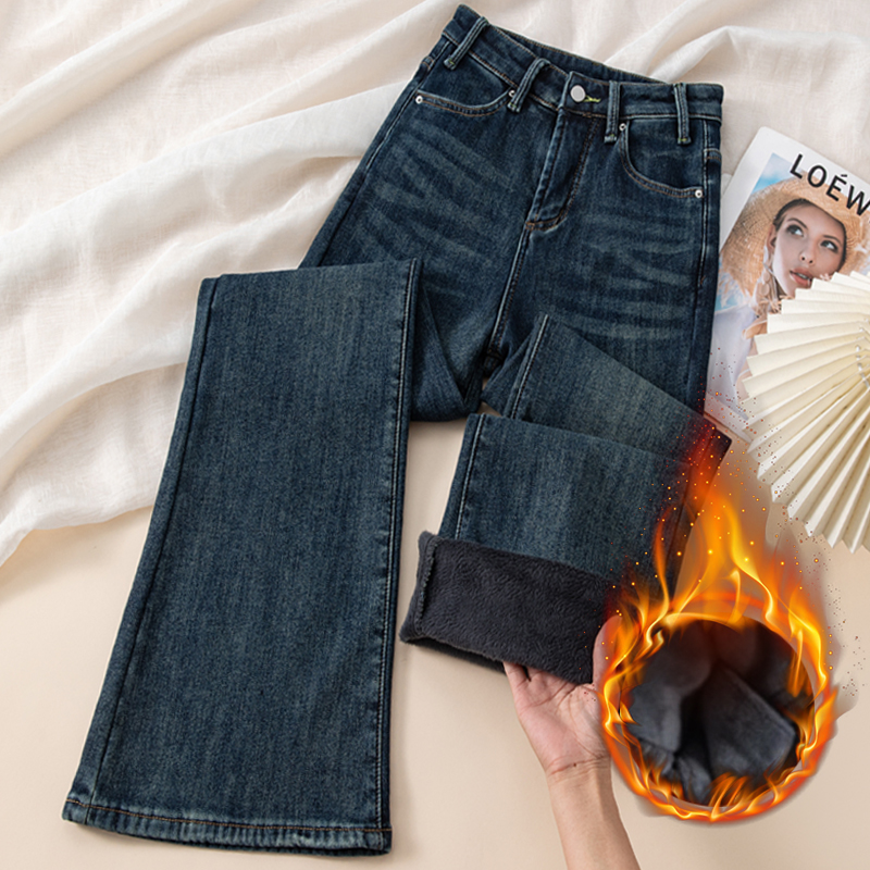 复古高腰宽松垂感微喇牛仔裤女加绒加厚冬季百搭2025新款弹力显瘦