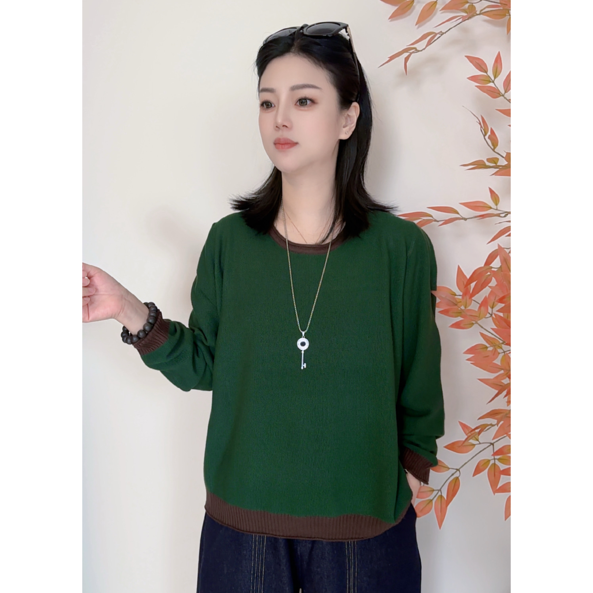 25秋季新款圆领撞色卷边原创棉纱针织上衣显瘦时尚气质