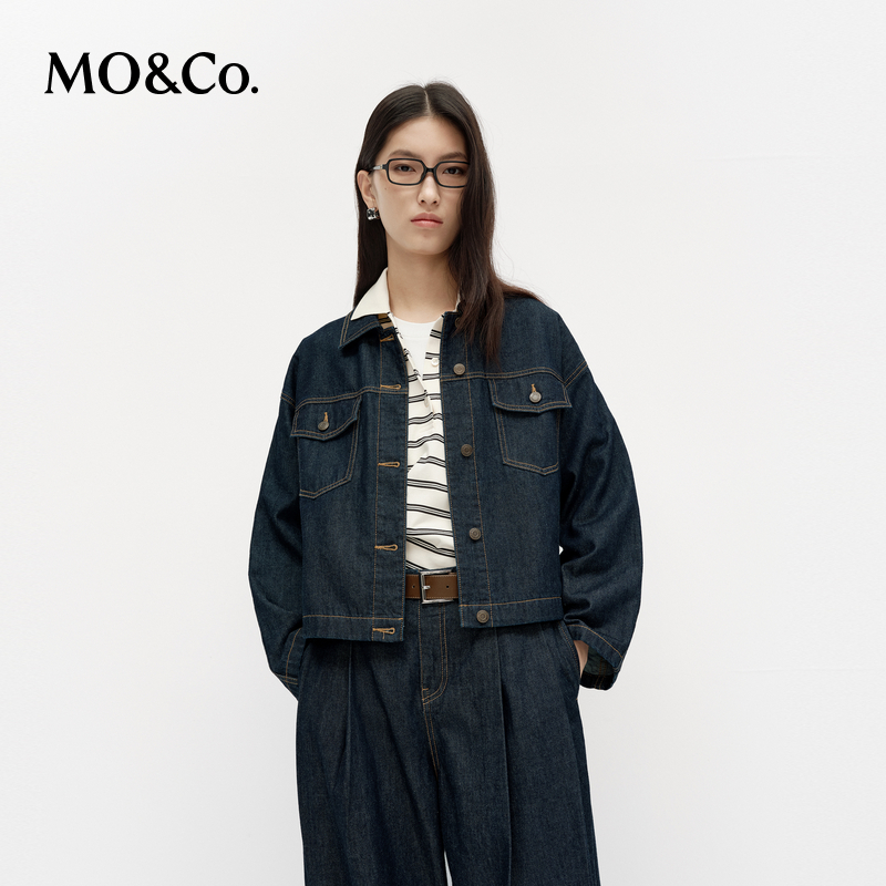 MOCO牛仔夹克2025春新品酵洗棉质截短款翻领怀旧西部风MBE1JKTT09